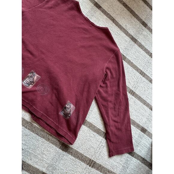 Vintage Blue Fish Women’s Thermal Coffee Red Crop Shirt 2 Large 3/4 Art To Wear - Picture 13 of 14